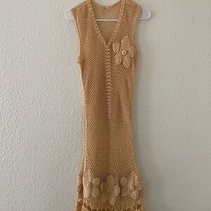 Tan Embellished Sheath Crochet Midi Dress V-Neck